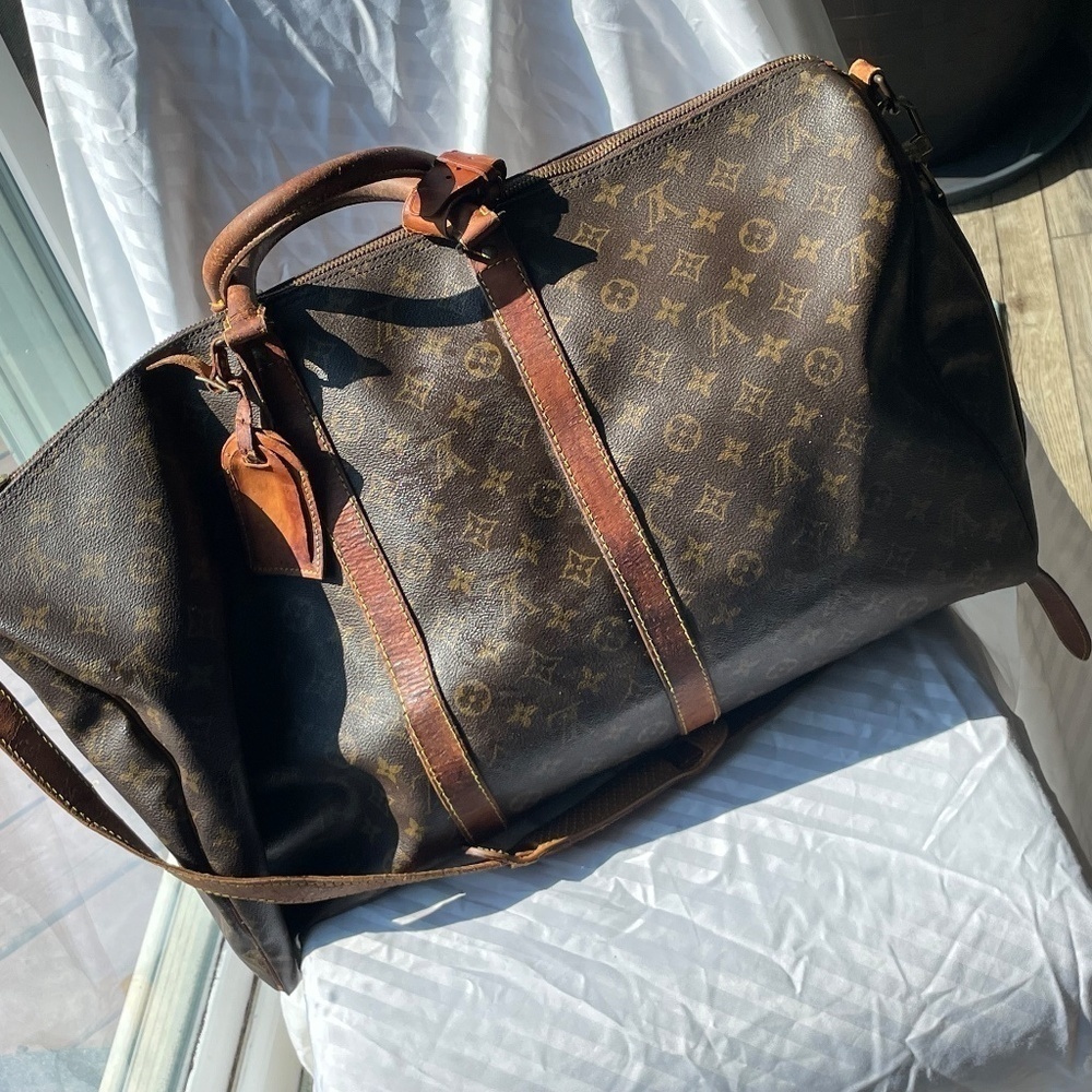 LOUIS VUITTON Brown Leather Monogram KEEPALL 55B with luggage tag and strap - Picture 2 of 4